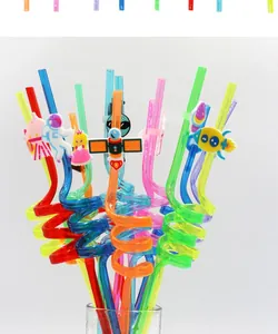 Colorful reusable spiral plastic straws with space and princess cartoon ornaments