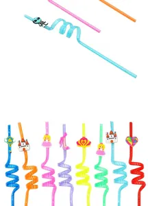 Detailed view of colorful spiral straws with various cartoon character charms for party