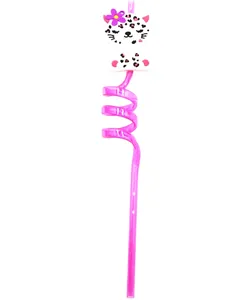 Close-up detail view of a pink spiral reusable straw with a cute cartoon cat charm