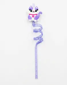 Close-up of reusable purple spiral straw featuring a cute cartoon cat decoration