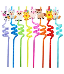 Set of eight colorful spiral reusable straws featuring cute cartoon farm animal toppers