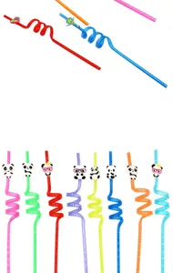 Set of colorful reusable plastic straws featuring cute panda and space-themed accessories