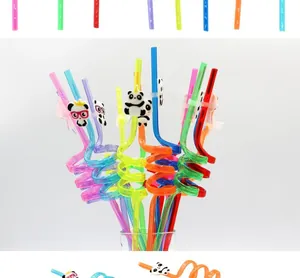 Set of colorful reusable spiral straws with panda and princess decorations for parties.