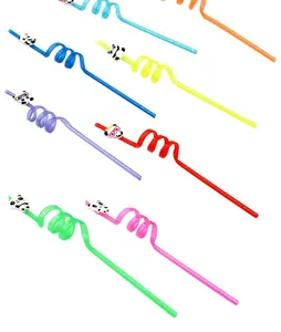 Colorful reusable spiral plastic straws with cute panda cartoon toppers for party.