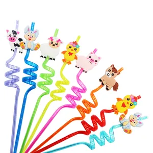 Farm Animal Reusable Spiral Drinking Straws Cartoon Cow Pig Horse Charms Multi-Colored Plastic Straws For Kids Party Favors