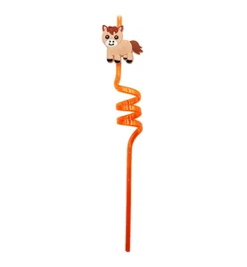 Reusable orange spiral straw with cute cartoon horse farm animal party decoration