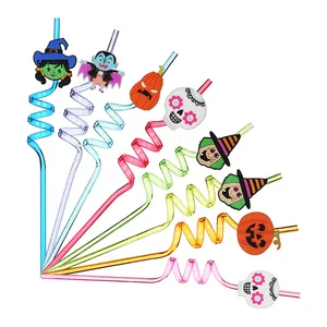 Halloween Reusable Spiral Straws Cartoon Pumpkin Ghost Bat Witch Skull Vampire Charms Multicolor Plastic Drinking Straws For Party Decor