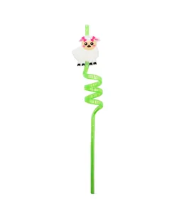 Close-up of green spiral reusable straw with cute cartoon sheep animal accessory detail.