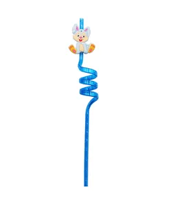 Macro view of blue reusable spiral straw with a charming cartoon bunny attachment.