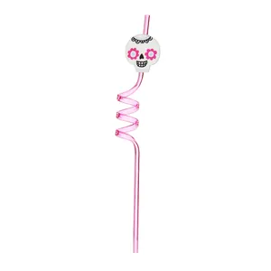 Reusable pink spiral straw with Halloween skull decoration for party favors.