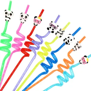 Vibrant colorful reusable spiral plastic straws with cute panda figurines for party favor supplies