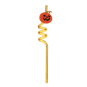 Halloween themed spiral yellow drinking straw featuring a cute orange pumpkin topper design