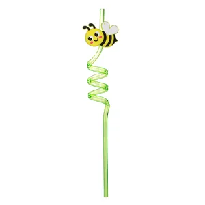 Close-up of a decorative green spiral straw featuring a cute cartoon bee for party favors