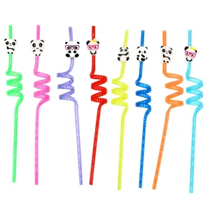 Reusable colorful spiral plastic straws with cute panda character attachments