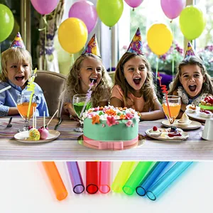 Reusable plastic party straws with space, princess, and panda themes for kids, colorful.