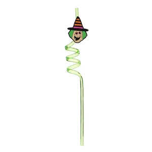 Detailed view of green spiral Halloween straw with cartoon witch topper decoration