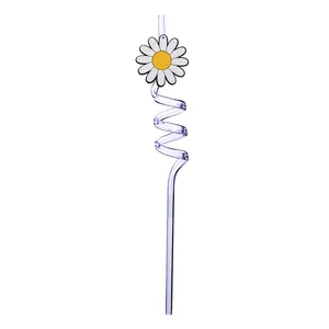 Creative spiral drinking straw featuring a white daisy flower charm ornament detail