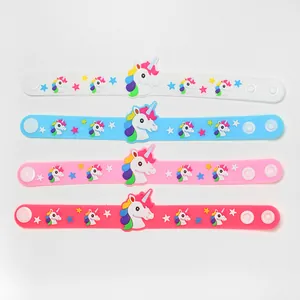 Colorful unicorn silicone wristbands in four vibrant colors for kids party favors