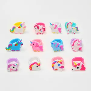 Twelve colorful soft rubber cartoon unicorn rings for children party favor gifts
