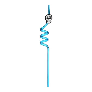 Detailed view of blue reusable spiral straw featuring a cartoon skull Halloween charm.