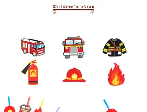 Juego de 6 pajitas de fiesta de bomberos con dijes de PVC de camión y casco