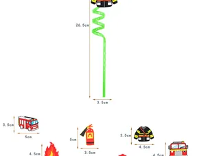 Pajitas temáticas de bomberos con dijes decorativos y medidas de dimensiones.