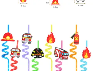 Medidas y tamaños detallados para pajitas en espiral coloridas con tema de bomberos