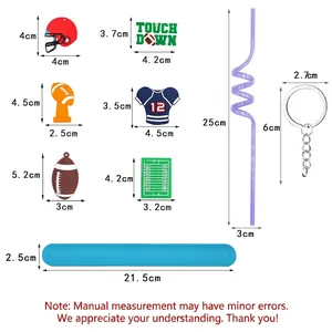 Set di accessori per feste di football americano con dimensioni per portachiavi e bracciali.