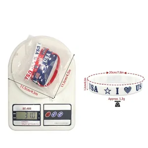 Maße, Gewicht und Verpackungsdetails der Silikon-Armbänder zum US-Unabhängigkeitstag.