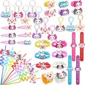 Ensemble de Cadeaux de Fête Axolotl Dessin Animé Porte-clés en PVC Mignons Bagues Bracelets Barrettes Pailles pour Enfants