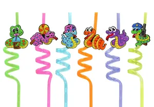 Set of six vibrant spiral drinking straws featuring unique 3D cartoon snake designs