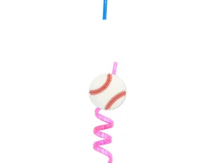 Detaillierte Nahaufnahme eines rosa Spiral-Strohhalms mit einem Baseball-Aufsatz Dekor