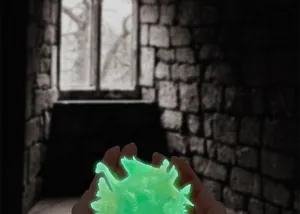 Macro view of green glow-in-the-dark dinosaur figurines held in hands for toy showcase