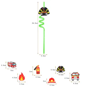 Set de pajitas verdes en espiral con adornos de camión de bomberos para fiestas