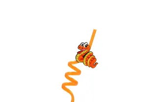Close-up of a vibrant orange spiral straw with a cute cartoon snake attachment
