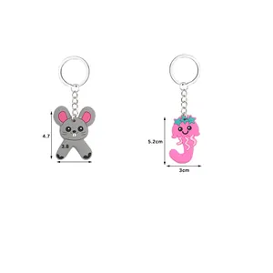 Detailed view showing specific dimensions for cartoon animal letter PVC keychains.