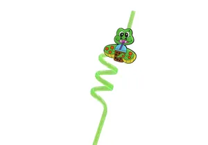 Detail of cartoon snake charm on green spiral drinking straw for parties.