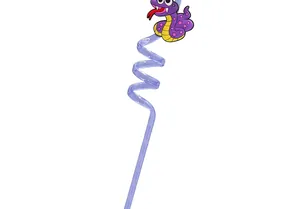 Detail view of purple spiral straw with cartoon snake character for kids' parties.