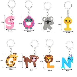 Size details for animal alphabet PVC keychains showing various cartoon designs