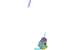 Close-up detail of a cute cartoon snake charm attached to a blue plastic drinking straw