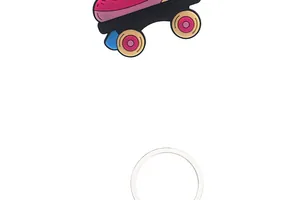 Detailed view of cartoon PVC roller skate pendant and silver metal split key ring