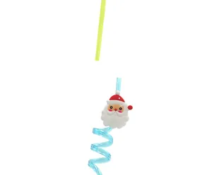 Detalle de una pajita de PET azul en espiral con un adorno festivo de Papá Noel