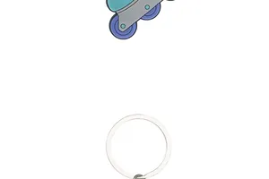 Close-up detail showing the colorful PVC roller skate charm and sturdy metal key ring.