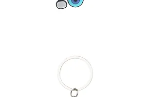 Detail view of PVC keychain featuring a grey mitten and blue nazar eye charm on a metal ring