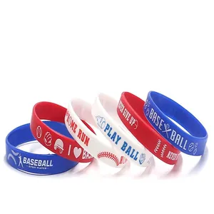 Detailed view of printed baseball silicone wristbands in red, white, and blue colors