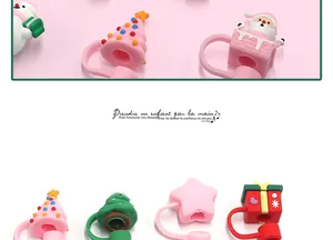 Primer plano de varias fundas de silicona para pajitas de 10 mm con bonitos temas navideños