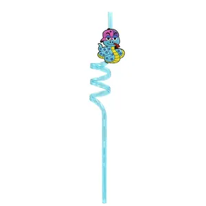 Reusable blue spiral straw with cute cartoon snake decoration for kids party favors