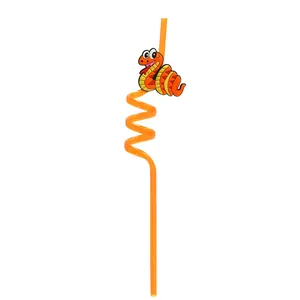 Orange spiral drinking straw with cute cartoon snake accessory for kids party favors