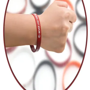 Close-up of a red silicone sports wristband featuring the Never Lose Your Passion slogan