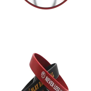 Macro detail of sports silicone basketball wristband with Never Lose print and logo